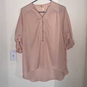 womens light pink high/low half zip sheer pink blouse